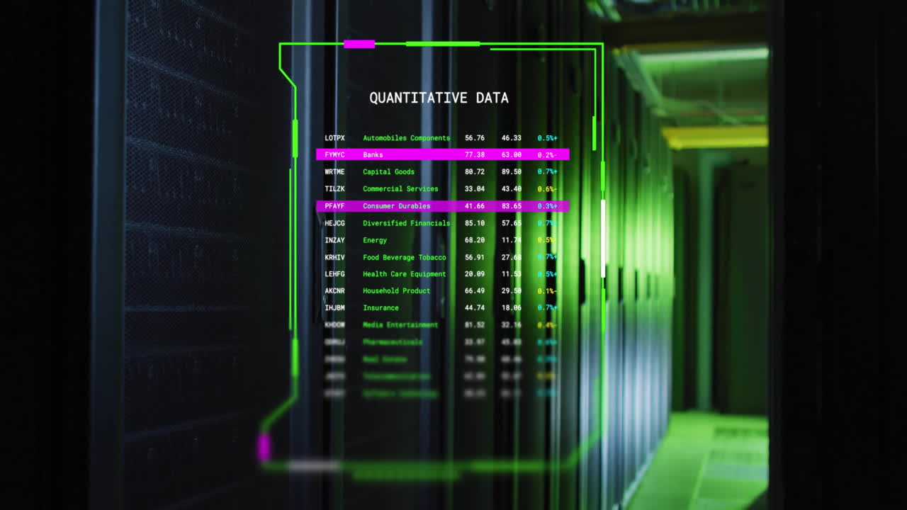 Quantitative data analysis animation over server room with green and purple highlights