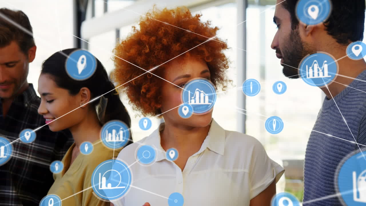 Animation of network of connections over diverse business people in office