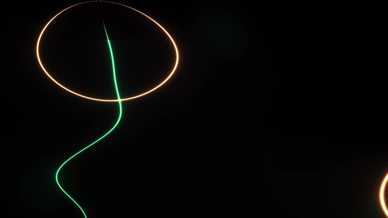 Abstract Animation of Glowing Orange Rings and Wavy Green Light Trails