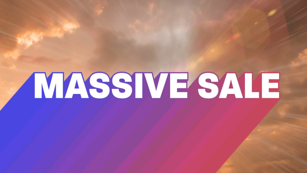 animación de retro venta masiva texto blanco con sombra de arco iris sobre nubes naranjas en el fondo
