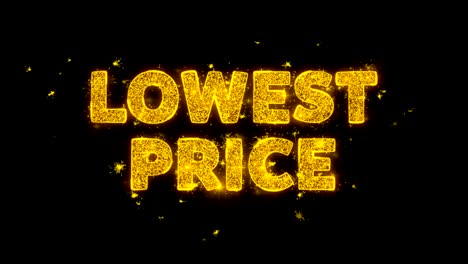 lowest price text sparks particles on black background.