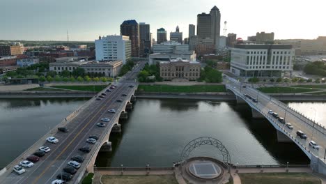 des moines river and city skyline during summer sunset