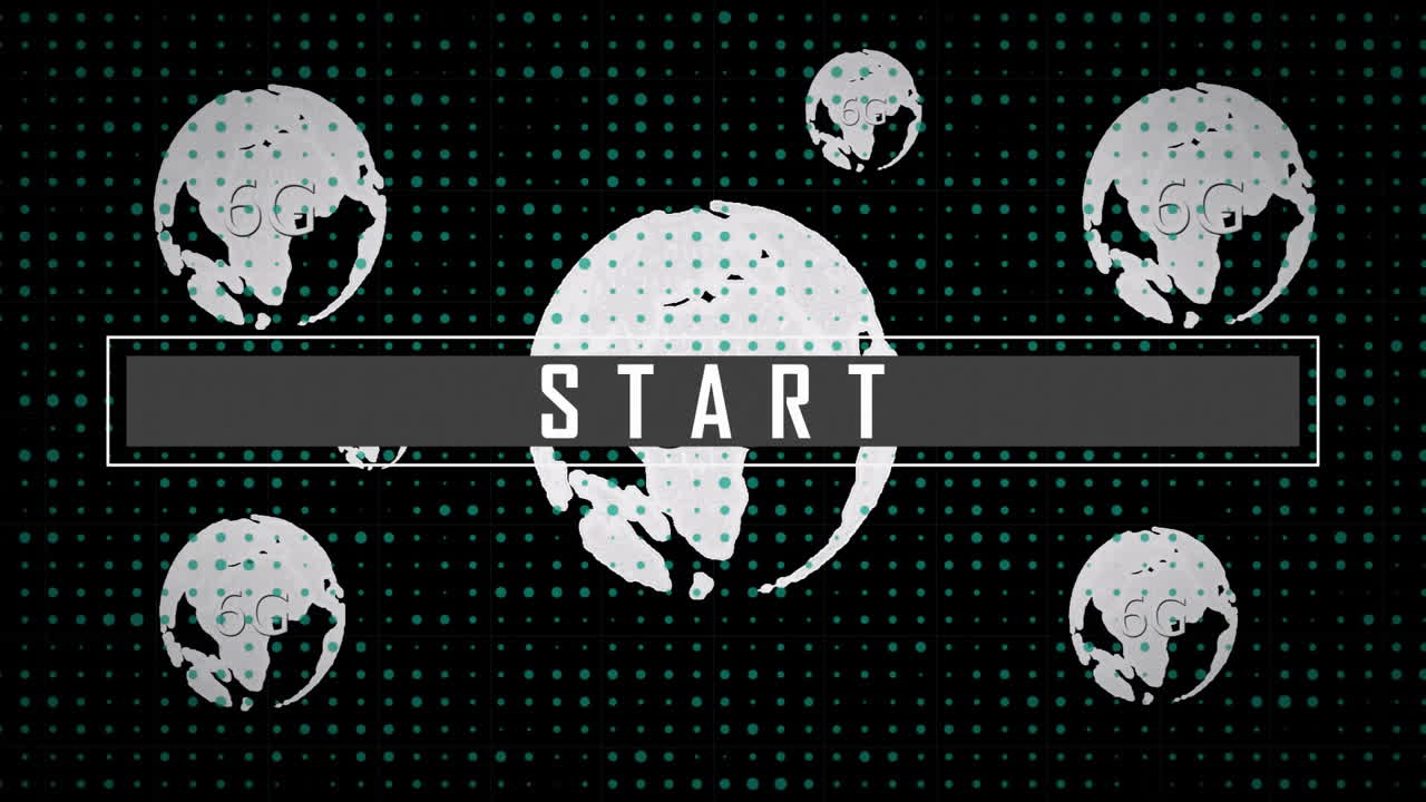 START text animation over multiple rotating globes with dotted background