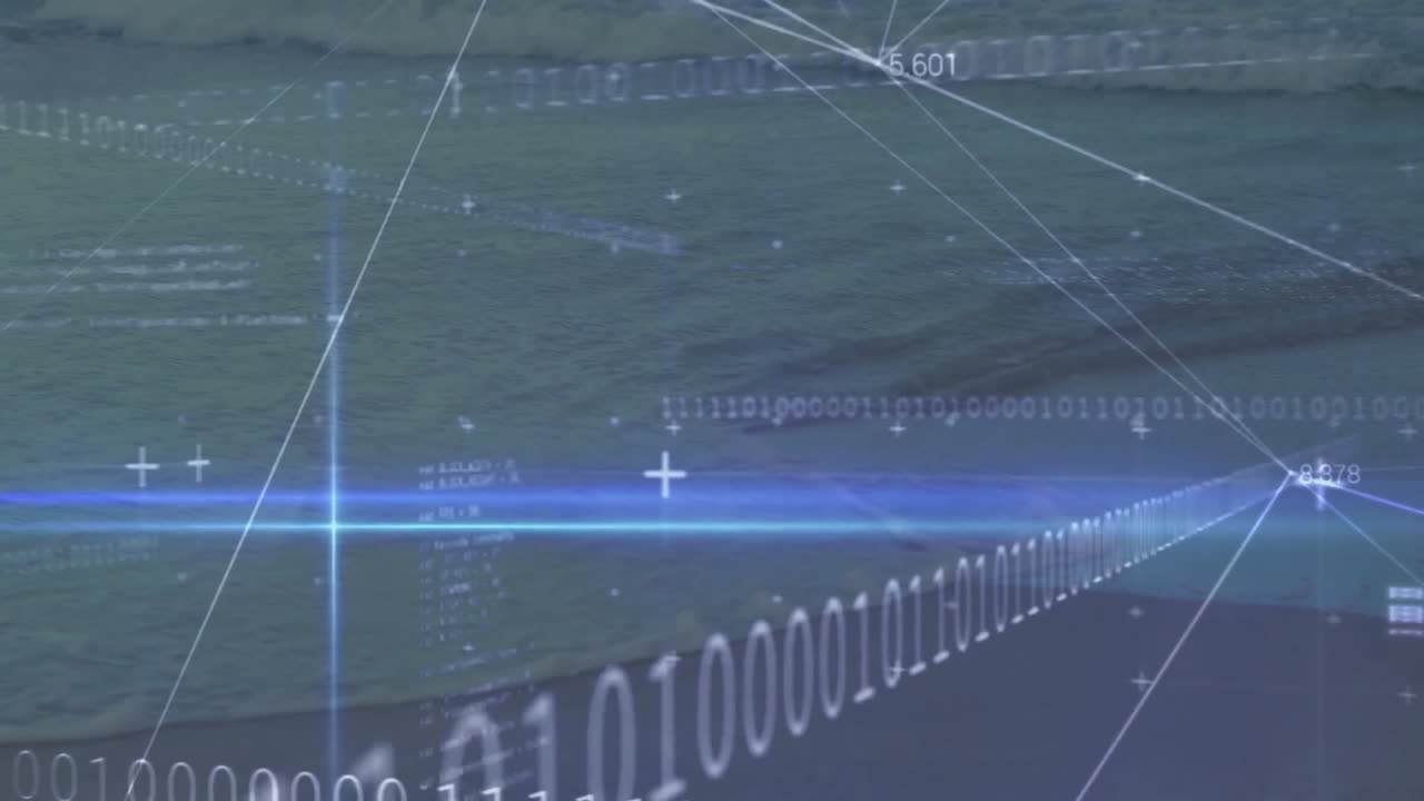 Animation of digital connections overlaying landscape with binary code and data lines