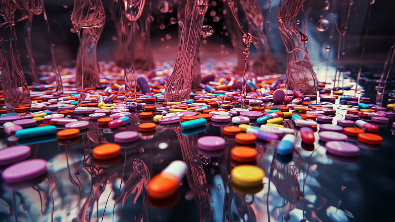 Descending pink columns contacting tablets and capsules on mirror base, causing pills to roll