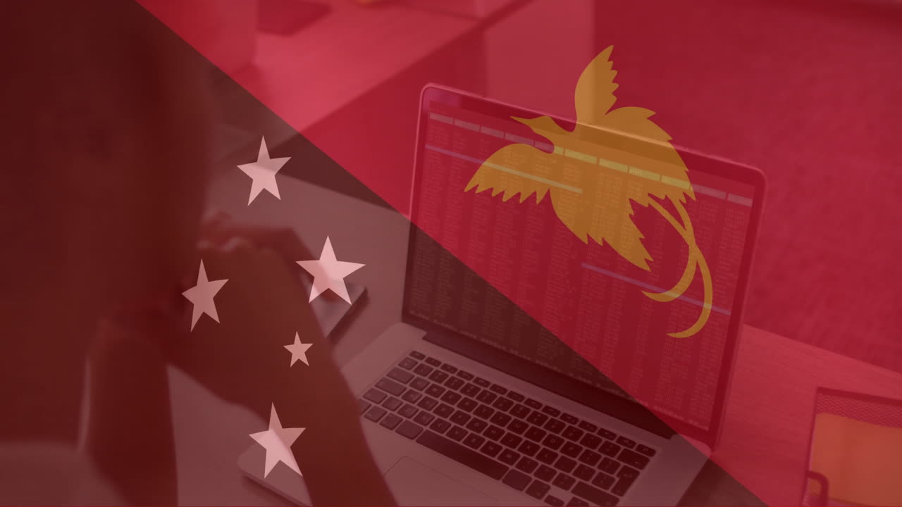 파푸아 뉴기니의 발 애니메이션은 금융 데이터를 가진 노트북에서 일하는 사람 위에 있습니다.