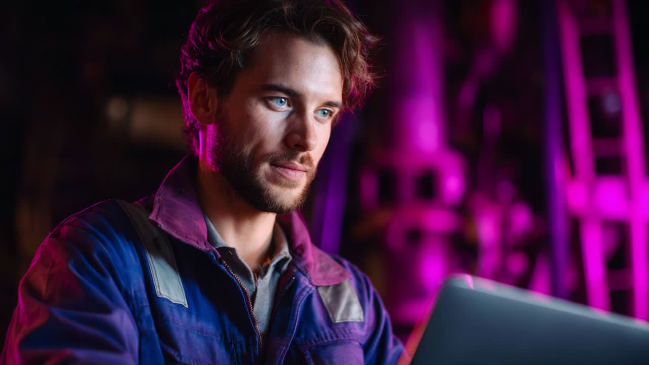 A focused young man in a work uniform intently gazes at his laptop screen, illuminated by vibrant purple lighting in an industrial setting, showcasing concentration and dedication to his task at hand