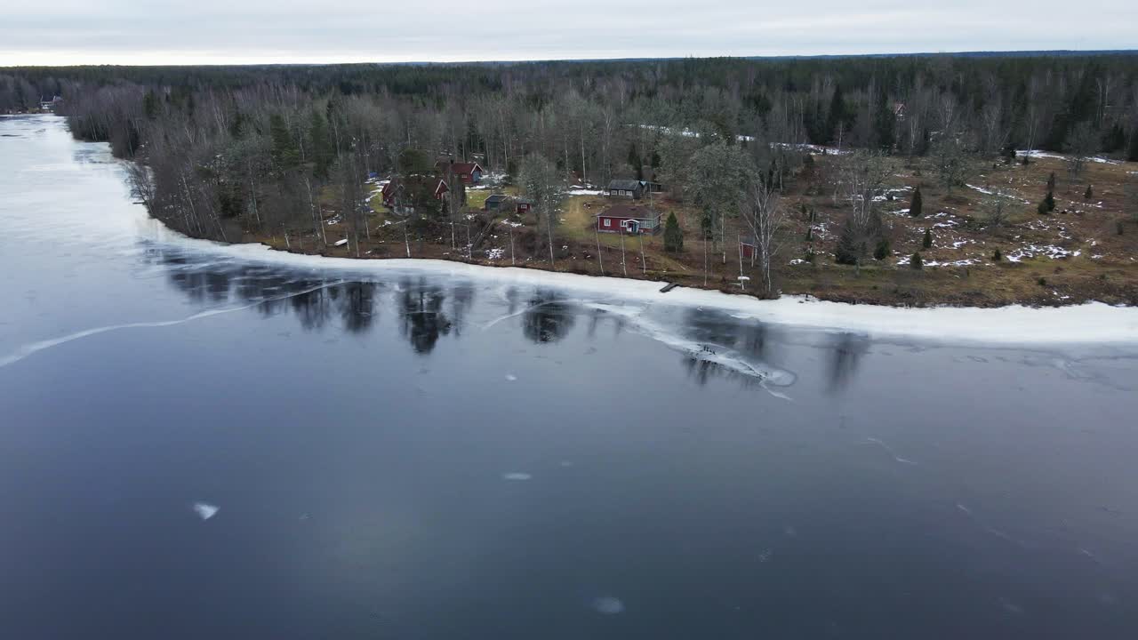 Aerial view of a few vacation homes at the edge of a frozen lake in rural Sweden