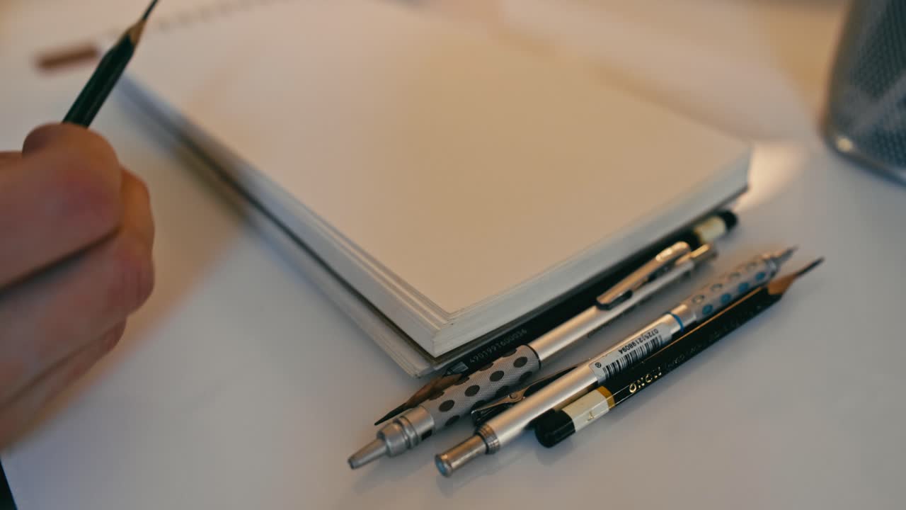 네덜란드 글 클로즈업 은 작가가 그림을 그리는 동안 스케치 패드 에 있는 연필에 초점을 맞추고 있습니다.
