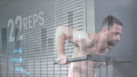 animación del procesamiento de datos sobre un hombre fuerte haciendo ejercicio con equipos de gimnasio