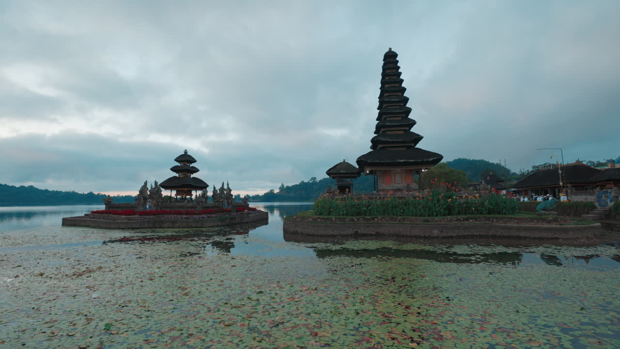 Ulun Danu Beratan Temple on Lake Bratan in Bali, Indonesia at dusk