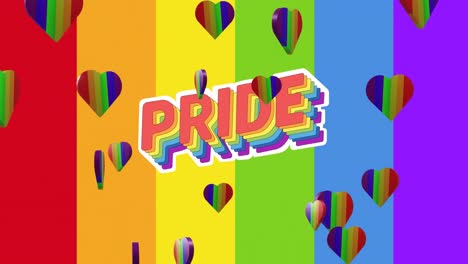 animación del texto del orgullo, corazones del arco iris y fondo del arco iris