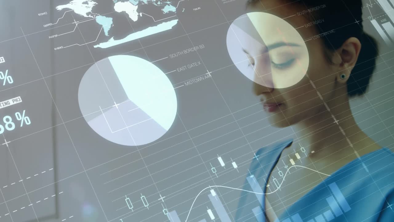 procesamiento de datos estadísticos contra una trabajadora de la salud que usa un teléfono inteligente sobre un fondo blanco