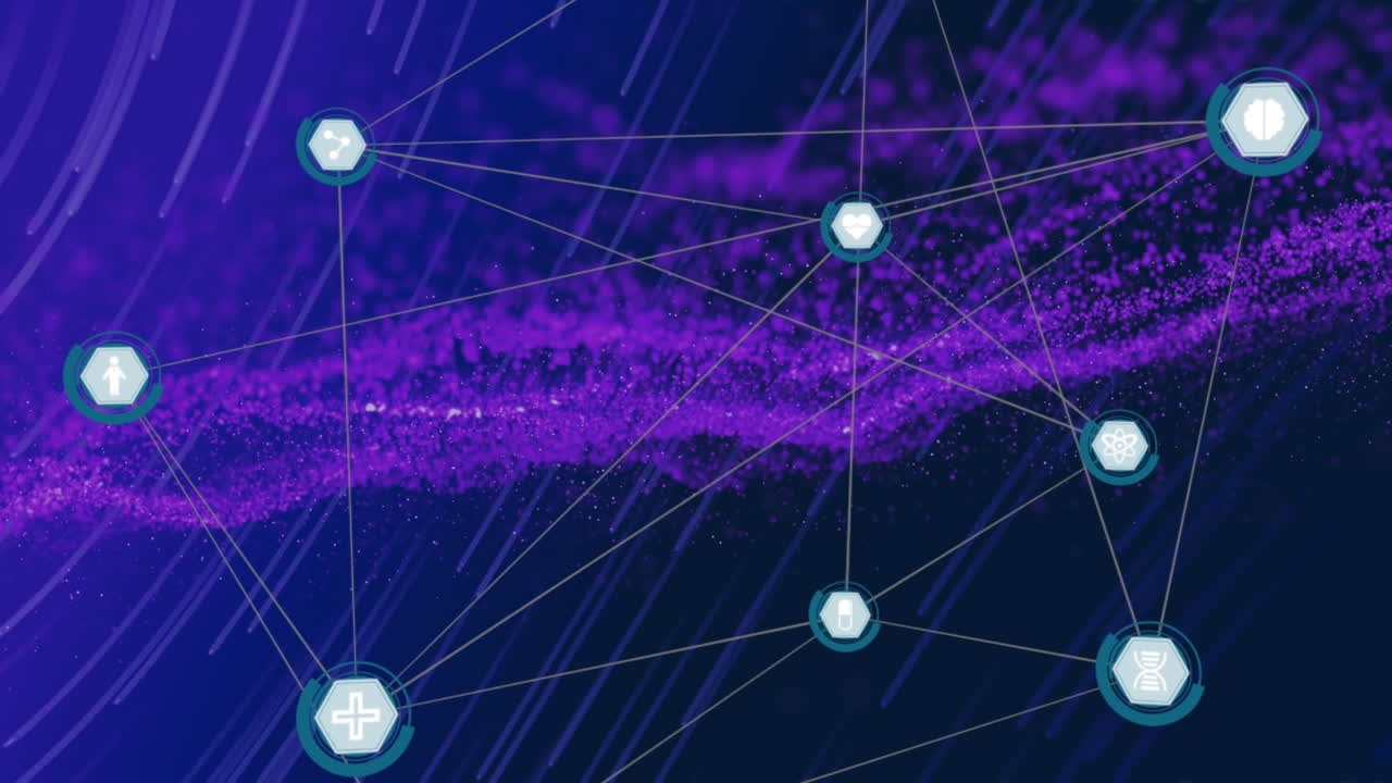 Network of digital icons against purple digital wave and light trails on blue background