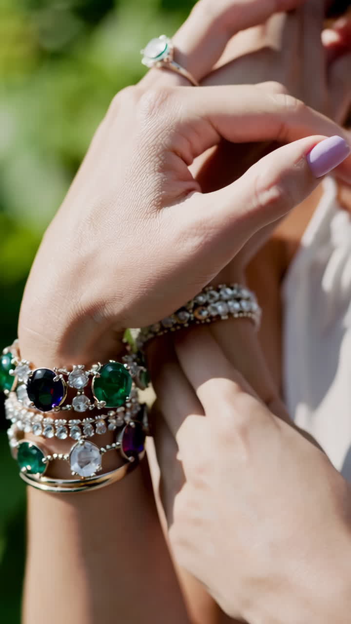 Elegant Hands Adorned with Colorful Gemstone Bracelets and Rings