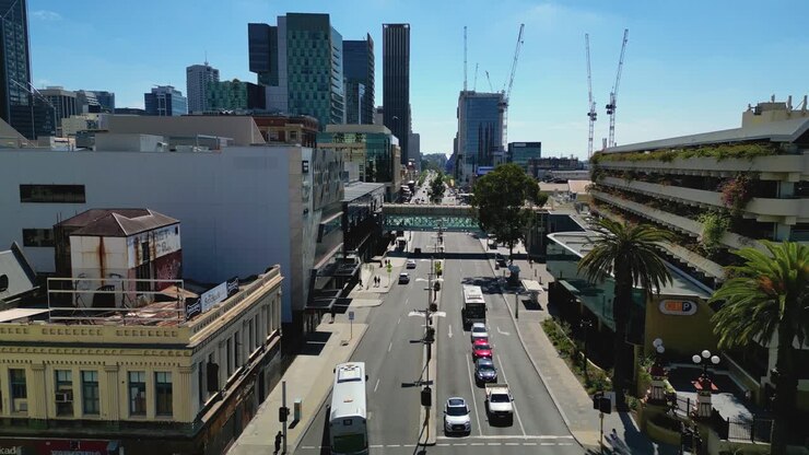 aerial view going forward of Wellington Street in the City of Perth nearby City underground train station