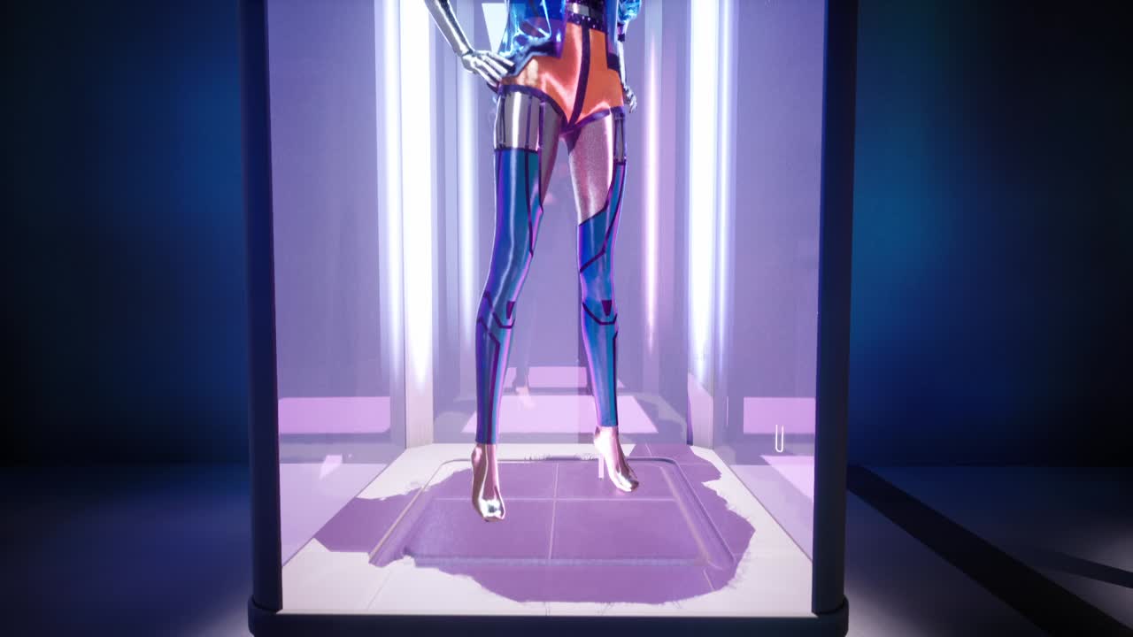 조명이 켜진 디스플레이 캐비닛에 현대적인 여름 옷을 입은 파란 머리를 가진 패션 인형의 3d 애니메이션