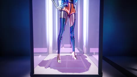 3d animation of fashion doll with blue hair in modern summer clothes in a lighted display cabinet