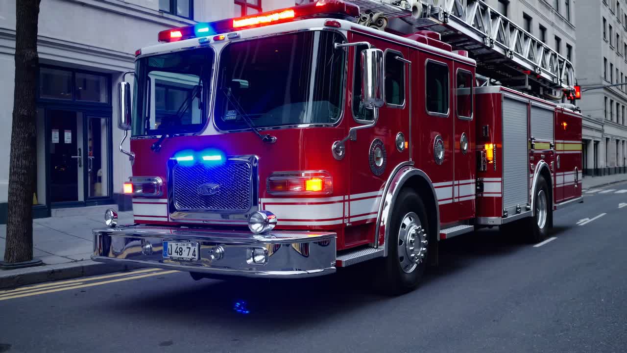 Low-angle shot of a red fire truck on a city street, showcasing its powerful design