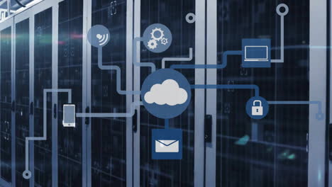 Animation-of-cloud-icon-with-network-of-connections-and-data-processing-over-computer-servers