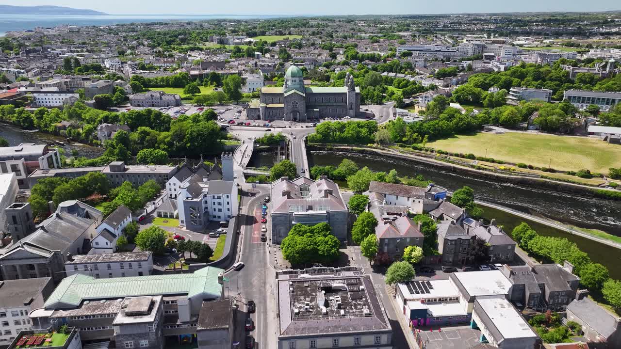 Birds eye view of Galway Catherdal over the bridge. Historical landmark in Ireland.