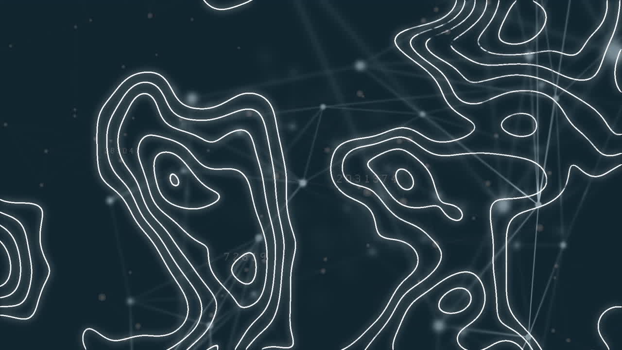 animación de líneas blancas del mapa que se mueven sobre redes de conexiones con puntos brillantes