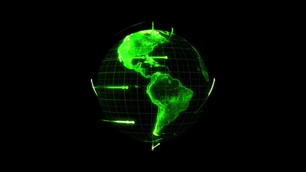 un globo giratorio verde en bucle con satélites en órbita, un elemento gráfico simple para superponer como polvo digital o desorden de la interfaz de usuario