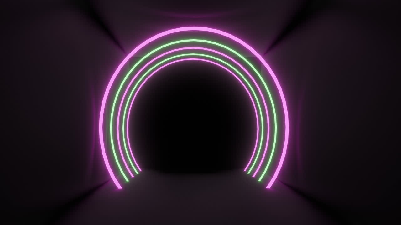 arcos de luz de neón rosado y amarillo concétricos pulsando sobre un fondo negro