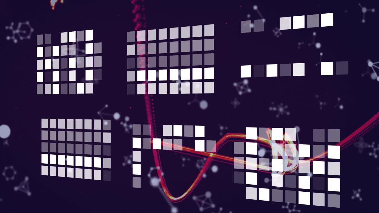 분자와 함께 검은 바탕에 회색과  ⁇ 색 사각형의 애니메이션