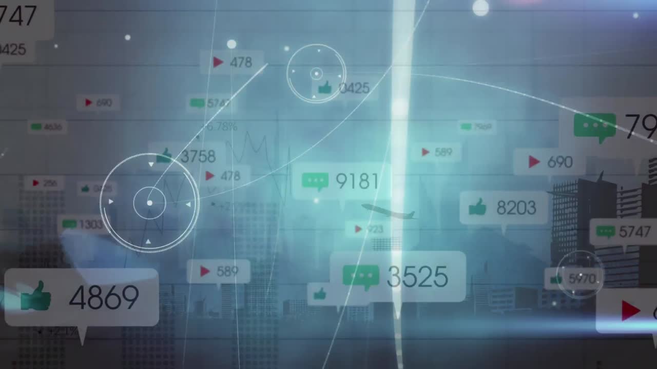 소셜 미디어 아이콘의 애니메이션, 데이터 처리 및 연결 네트워크