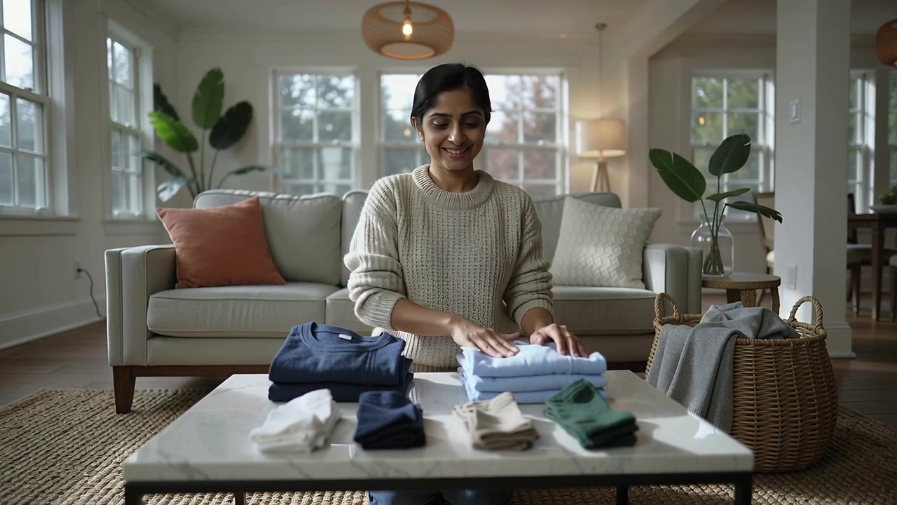 Placing light-blue towels, woman folding and sorting laundry on coffee table, wearing sweater