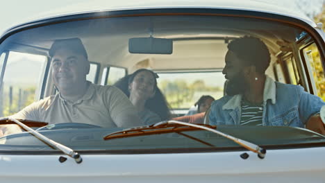 dancing, road trip and young friends in caravan
