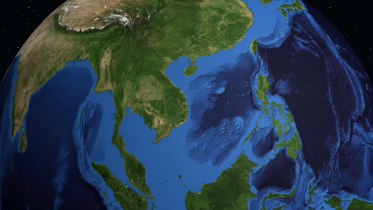 Un globo digitale ruota e zooma dallo spazio fino a un marcatore di posizione specifico nel Sud-est asiatico.