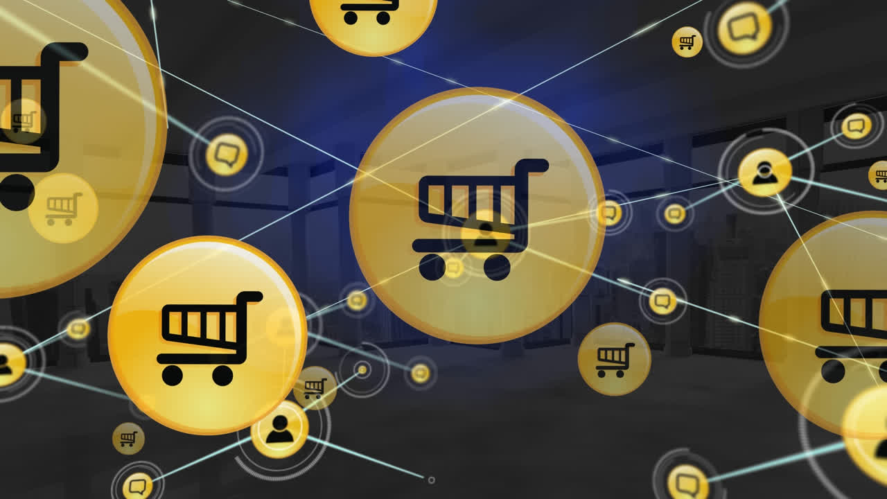 도시 풍경 위의 아이콘으로 연결된 네트워크의 애니메이션