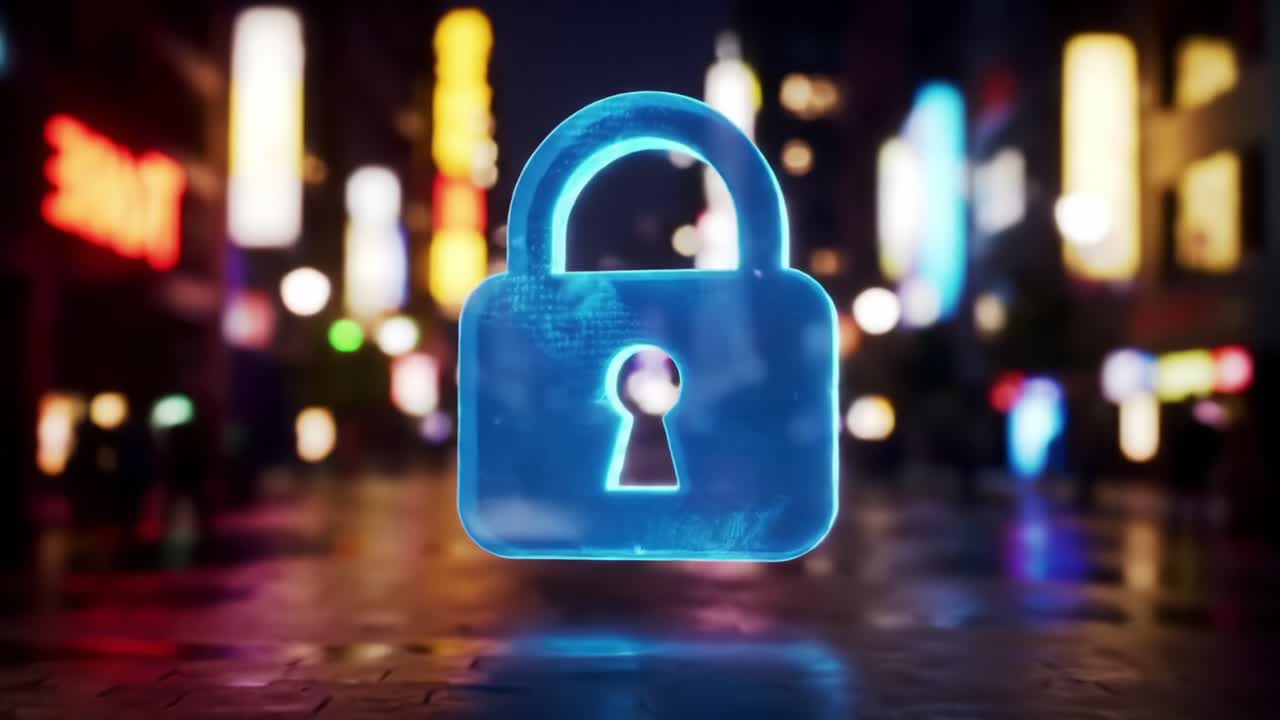 A Futuristic Digital Lock Emphasizing Security in an Urban Environment, Surrounded by Vibrant Lights and Colors, Representing the Concept of Online Safety and Protection
