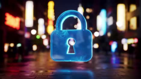 a futuristic digital lock emphasizing security in an urban environment, surrounded by vibrant lights and colors, representing the concept of online safety and protection