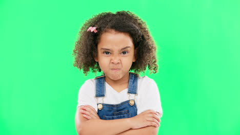 child, angry and face with arms crossed on green