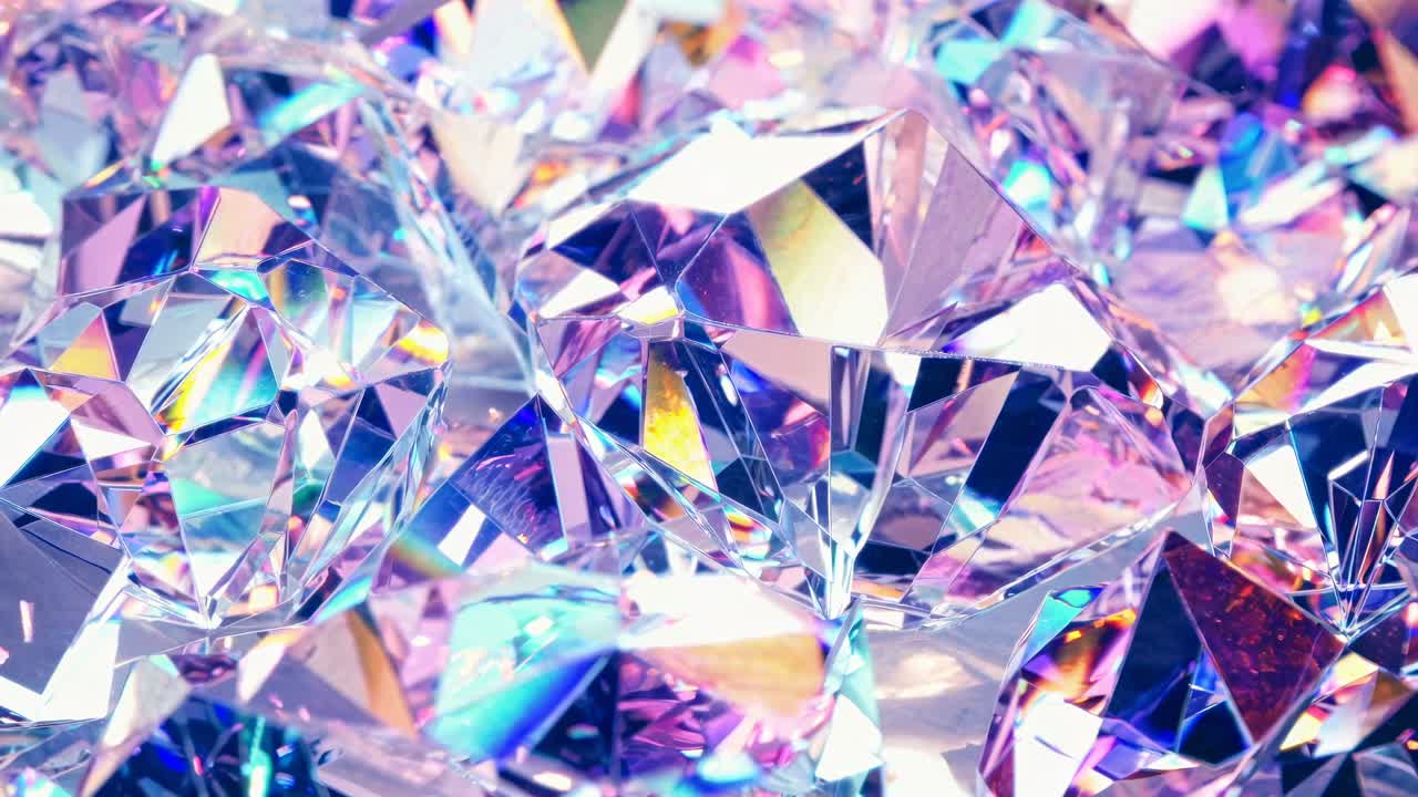 Close-up video shot of sparkling, multicolored crystals, capturing their reflective surfaces
