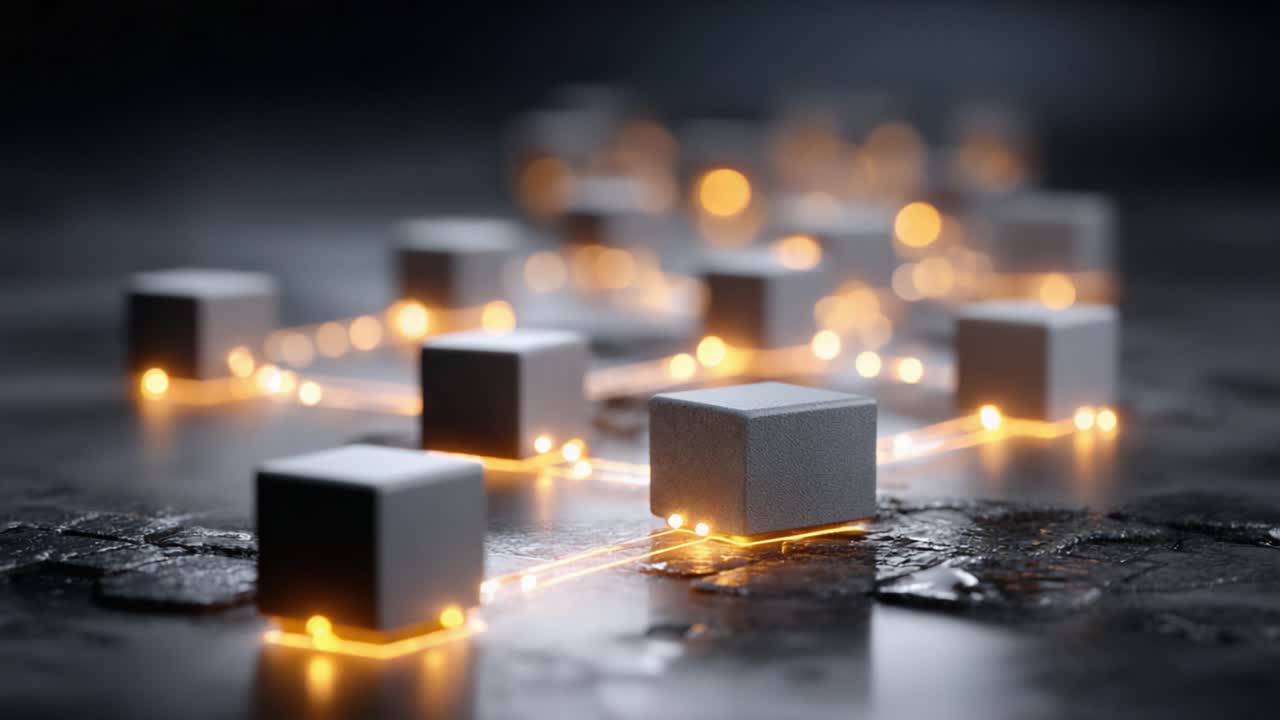 A Dynamic Intersection of Technology and Innovation: Visualizing Network Connections Through Illuminated Cubes on a Reflective Surface