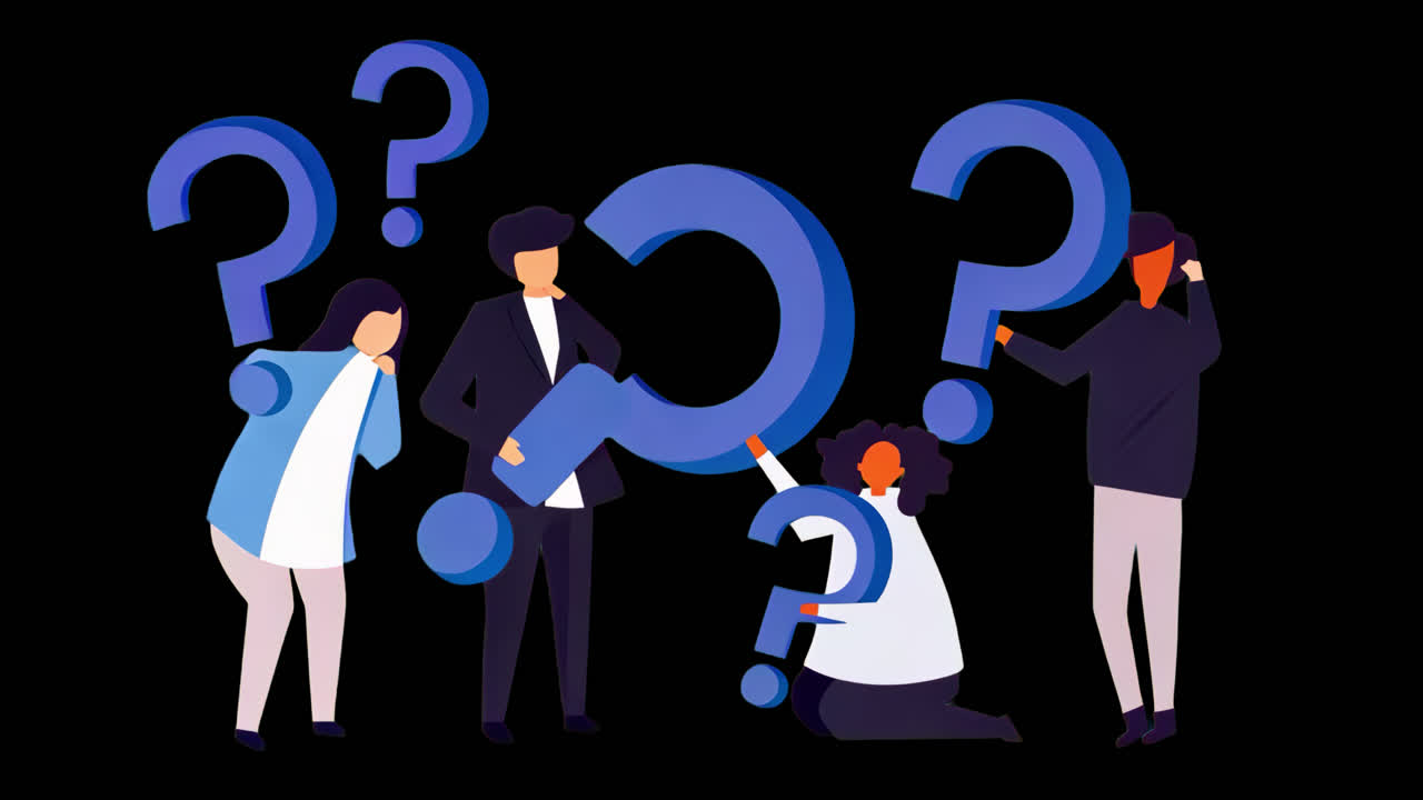 People holding large question marks animation isolated asset, transparent 4K video, alpha channel