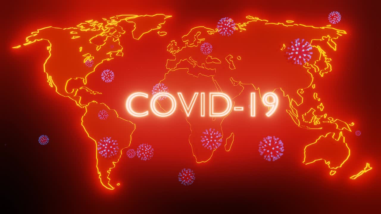 지구의 지도는 빛나는 빨간색으로 강조되어 있으며 코로나 바이러스의 입자가 그 위로 날아갑니다. 코로나바이러스 팬데의 개념 코로나19: 인류 전체에 대한 세계적 문제, 지구 격리.