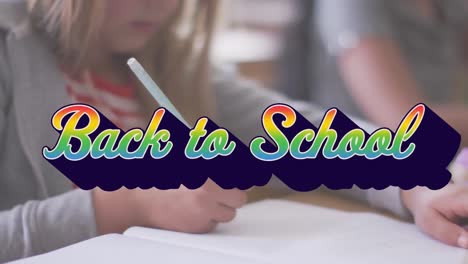 Animation-of-words-welcome-back-to-school-over-girl-sitting-in-classroom-wiriting