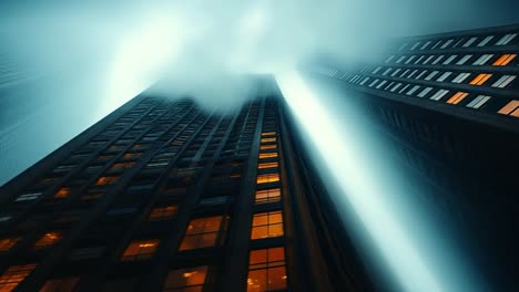 city skyline lit by beams. tall buildings rise into a foggy sky, illuminated by strong beams of light shining through the mist at night.