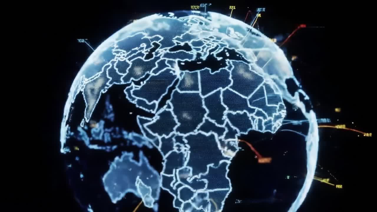 Exploring the Global Connectivity through High-Tech Visualizations of the Earth, Showcasing Dynamic Interactions Across Continents and Vibrant Data Flow Patterns