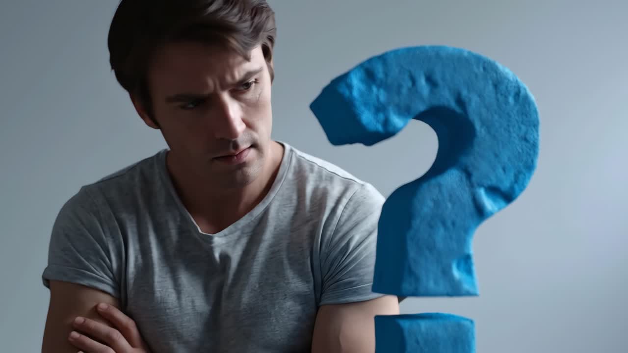 Man standing behind large blue question mark