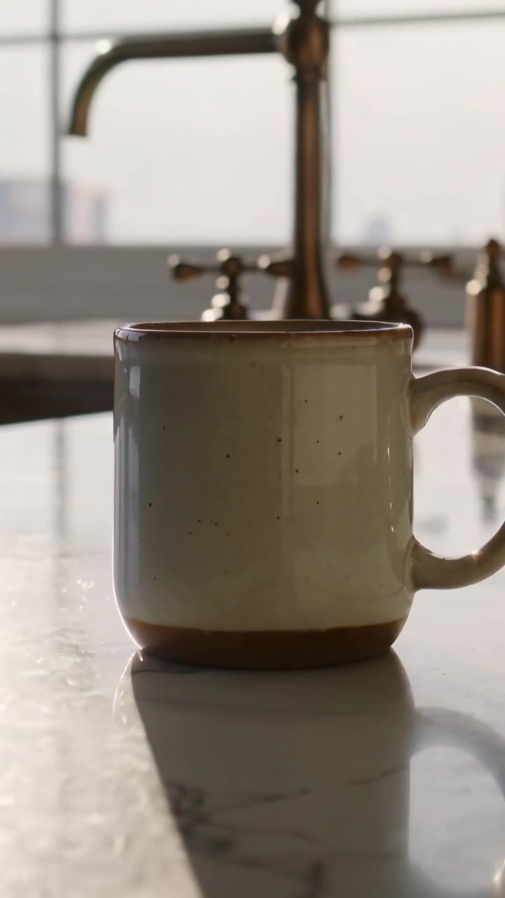 Vertical video: Showing sunlight causing camera pull to reveal kitchen sink, mug by brass faucet