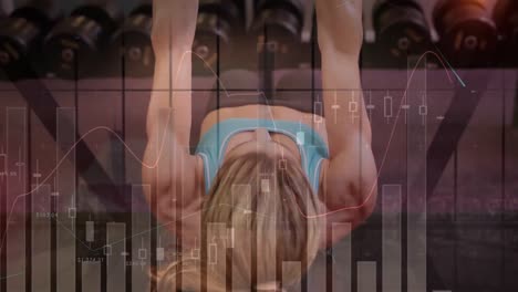 animación del procesamiento de datos sobre una mujer fuerte haciendo ejercicio con equipos de gimnasio
