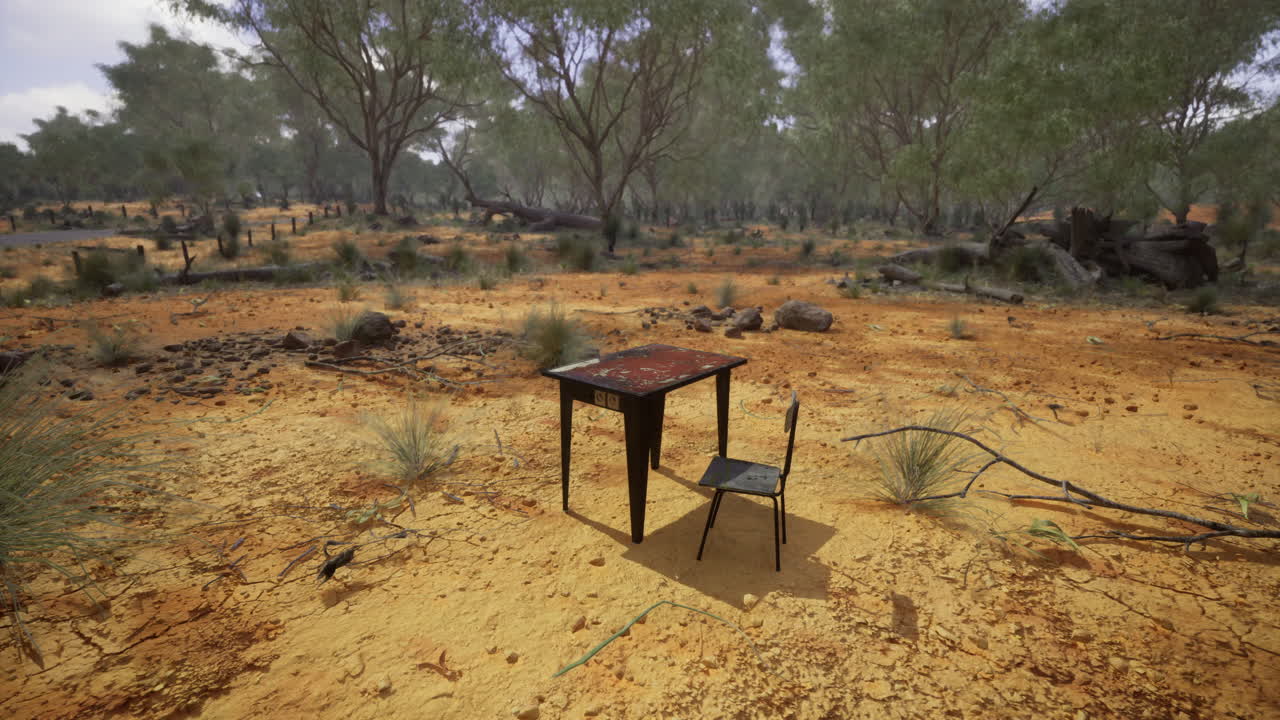 Desolate setting with a lone desk and chair beneath an expansive sky