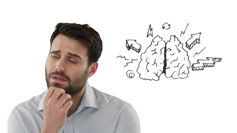 thoughtful caucasian man against brain icon with copy space on white background