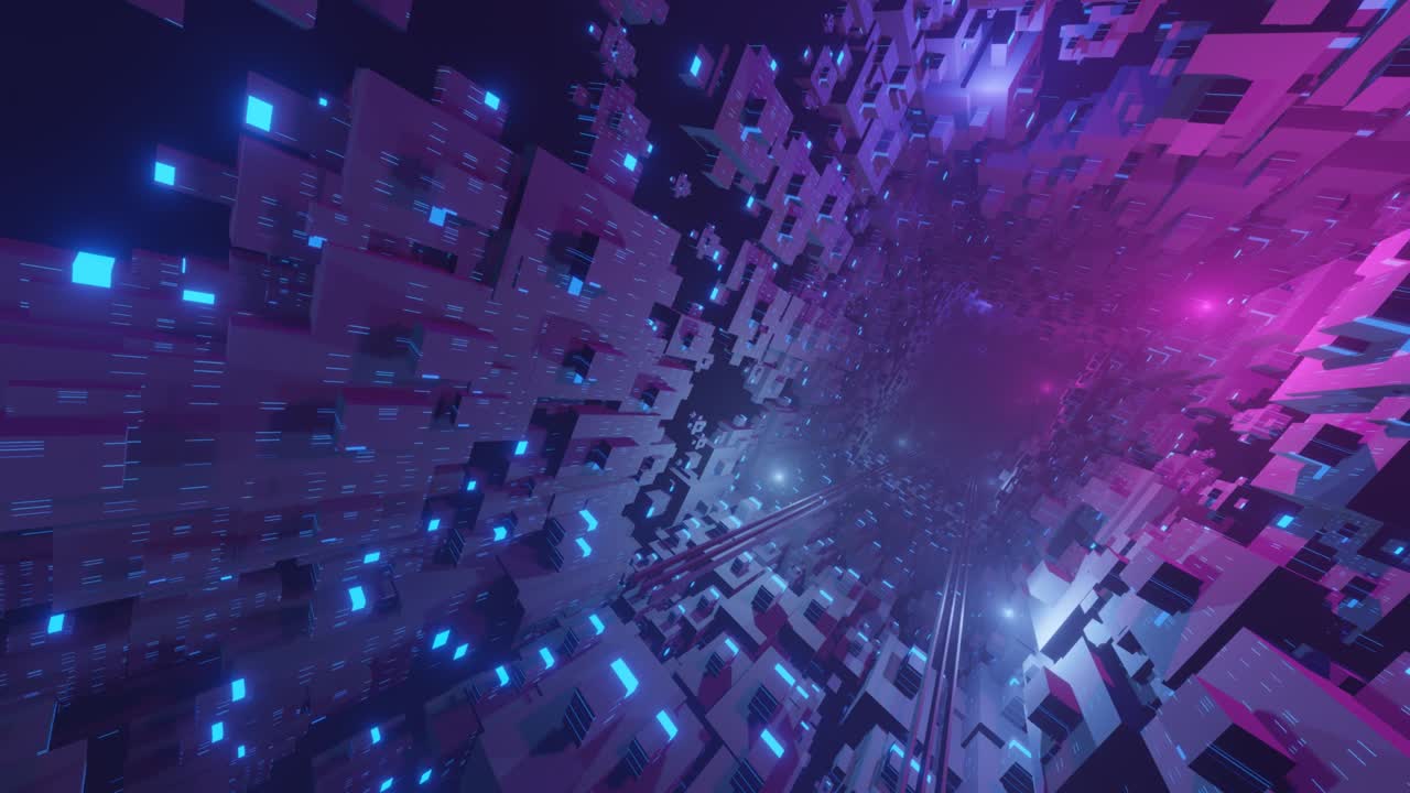 construcciones de ciencia ficción, misteriosos objetos en 3d en la niebla. volar a través del ciberespacio tecnológico con brillo de neón. vuelo de ciencia ficción a través del túnel de tecnología de alta tecnología. holograma y luz de neó. 3d en bucle sin costuras 4k bg